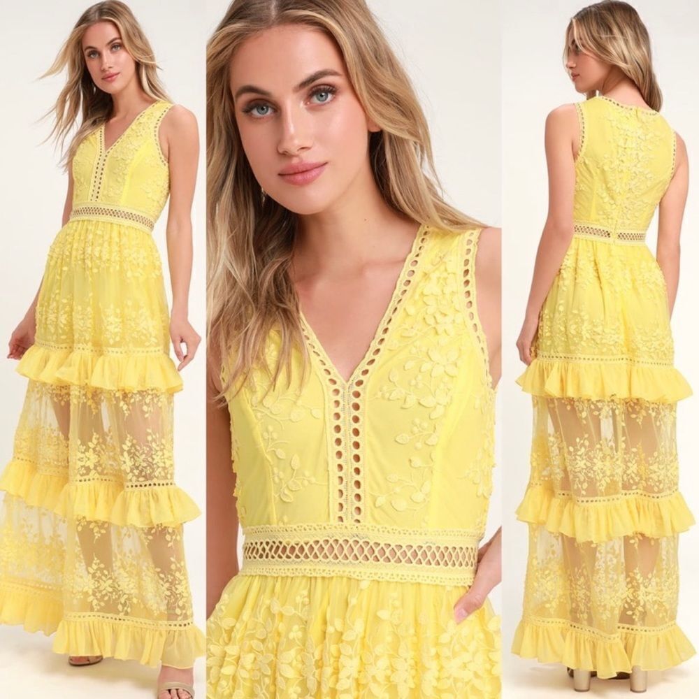 Lulu's Yellow V-Neck Lace Tiered Maxi Dress